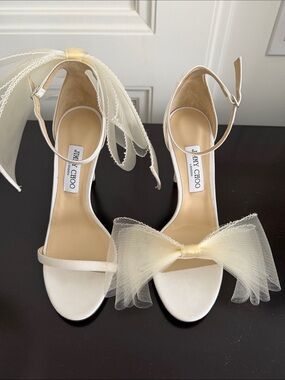 Jimmy Choo Cream Tulle Bow Ankle-Strap Heels